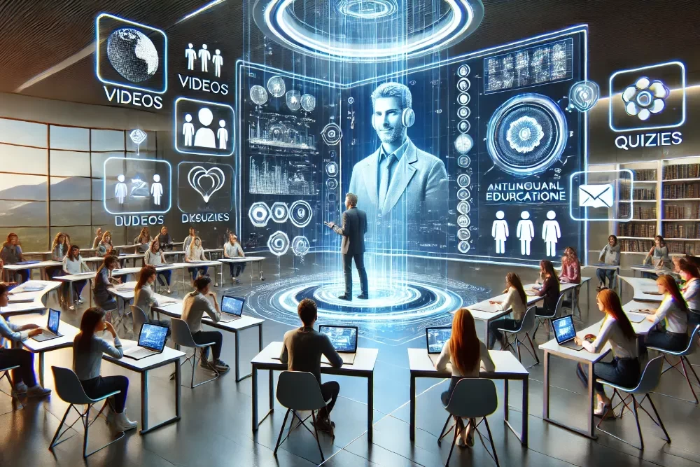 A futuristic, tech-enhanced learning environment with holographic displays, interactive digital interfaces, and diverse students engaging in an innovative online education setting.