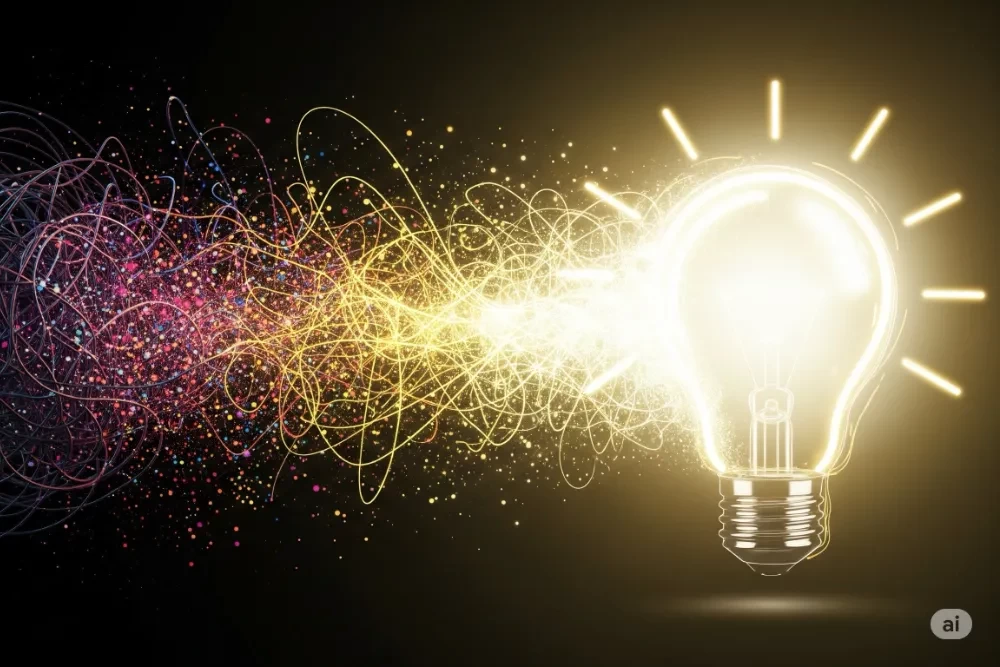 An abstract image showing a tangled dark scribble transforming into a bright, glowing lightbulb, symbolizing the journey from confusion to clarity