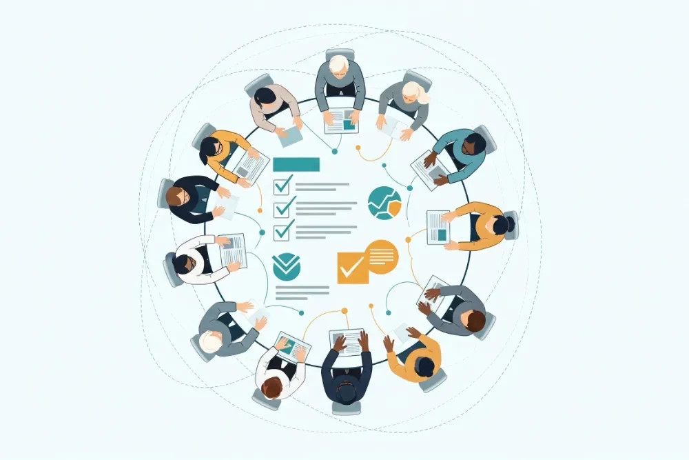 op-down abstract view of a diverse team at a circular table, connected by glowing lines representing a strategic plan and checklist.