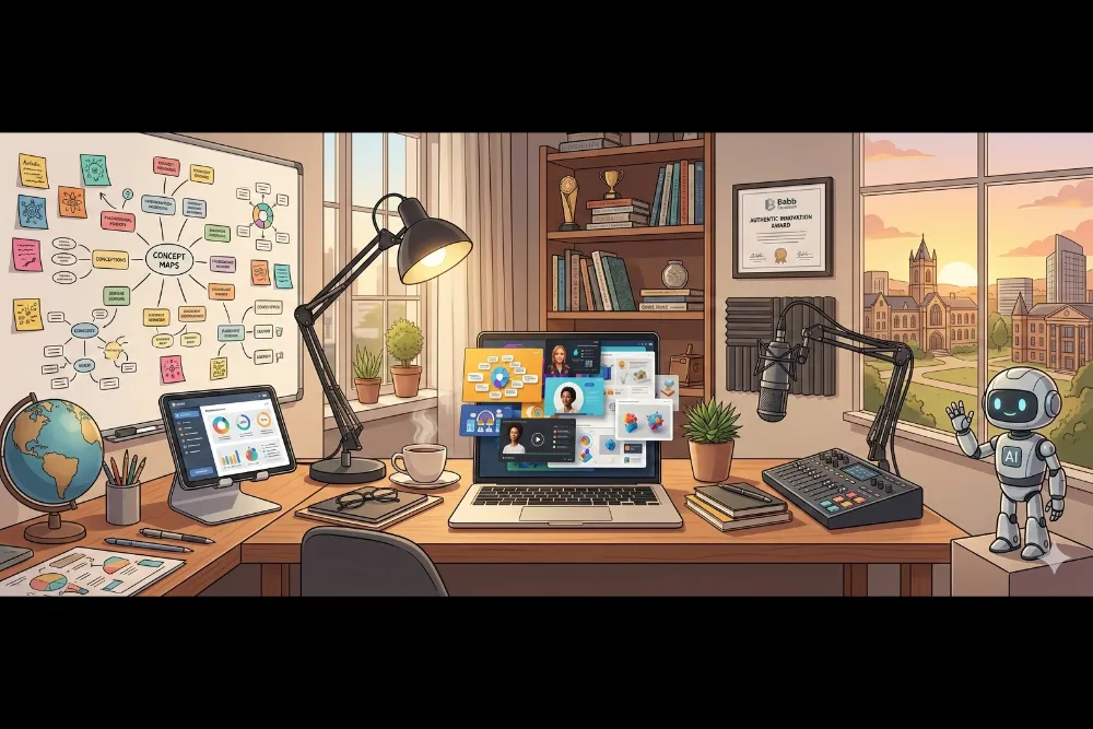 Wide horizontal illustration of a modern home office desk with a laptop displaying interactive learning modules, surrounded by a microphone, concept map whiteboard, and a small friendly AI robot mascot.