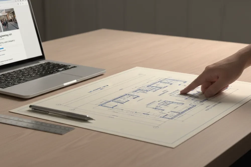 A blueprint and laptop on a desk representing the structural design process for building online courses