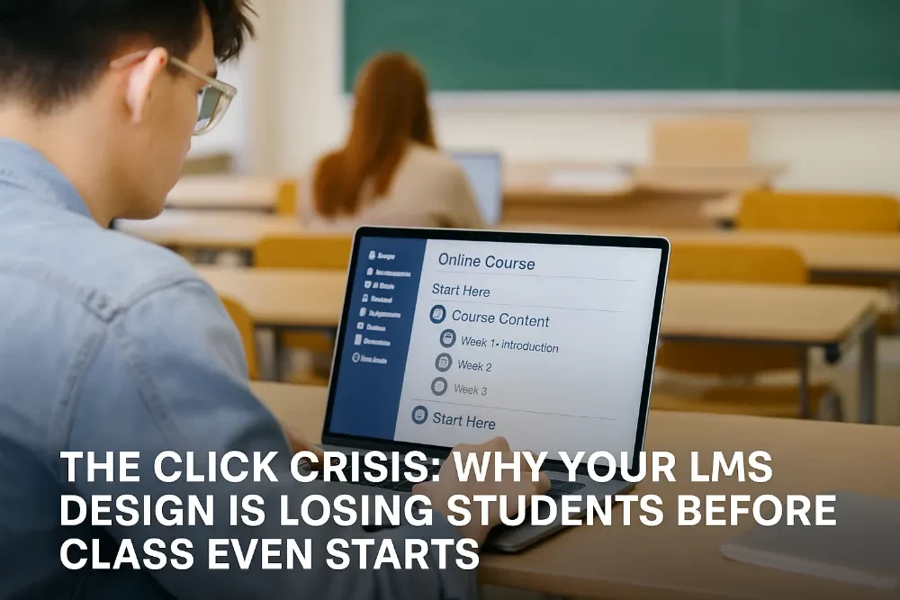 University student using a laptop in a bright classroom, viewing a clear, intuitive LMS course overview on screen.