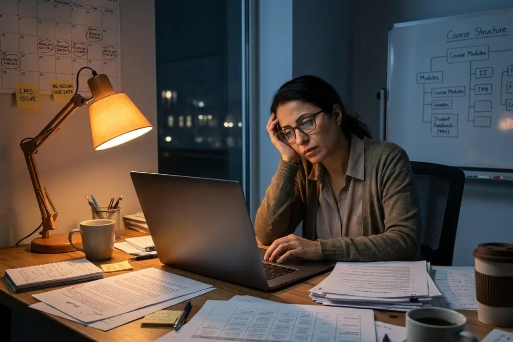 Overwhelmed faculty member at desk with laptop, papers, and coffee, representing course design frustration and workload stress